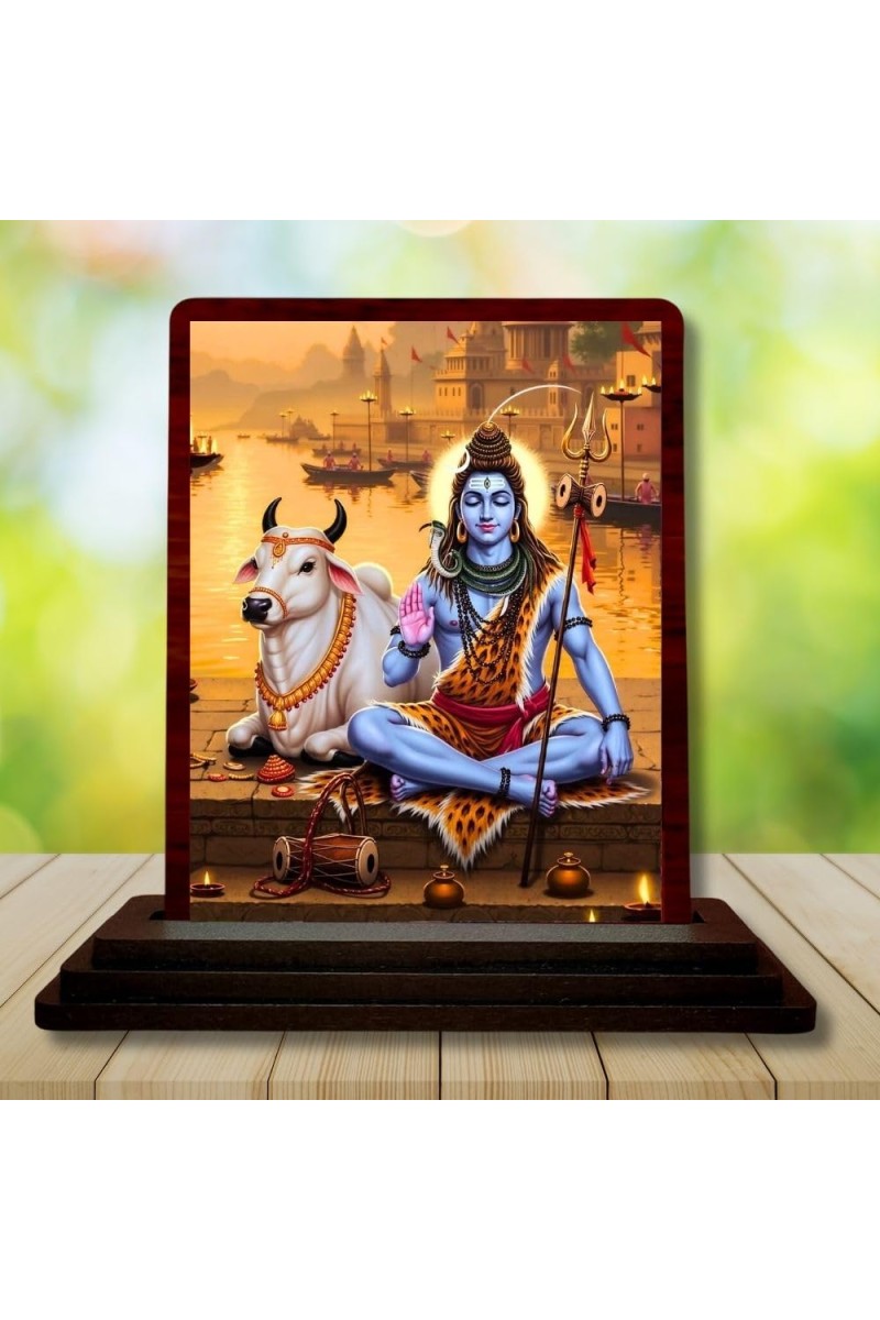 Car Desk/Table Top Lord Shiva Wooden Photo Stand 3x4 Inches, Compact & Stylish Spiritual Display For Car, Home & Office (Pack Of 1) (F14531)