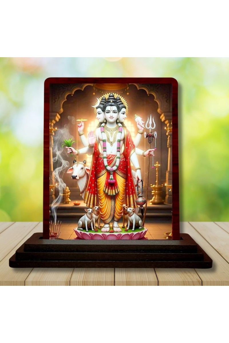 Car Desk/Table Top Lord Dattatreya Wooden Photo Stand 3x4 Inches, Compact & Stylish Spiritual Display For Car, Home & Office (Pack Of 1) (F14395)