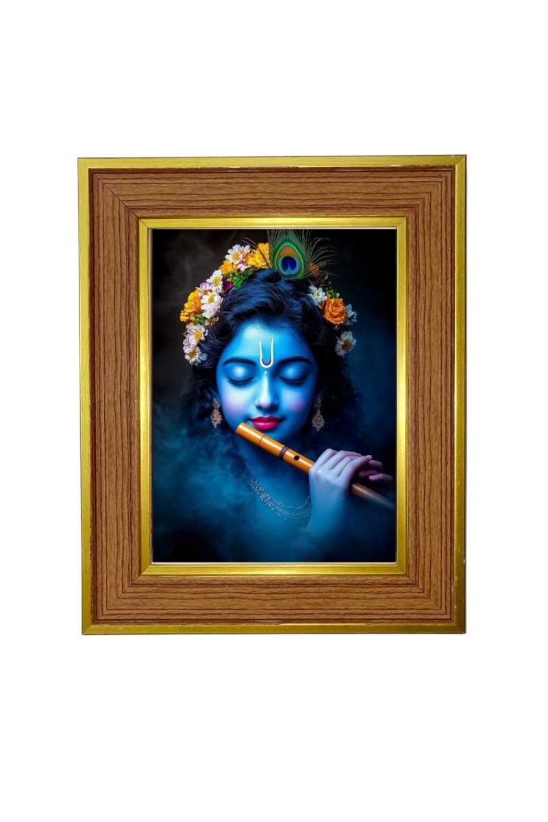Lord Krishna Photo Frame 10x14 Inches-Brown Wooden Frame For Home, Office & Temple Decoration And Gifting (F6263)
