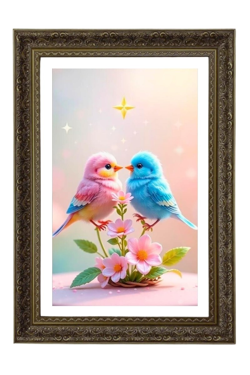 Two Pink And Blue Love Birds Big Photo Frame - 20x28 Inches For Home,Temple & Office Decoration (F10744)