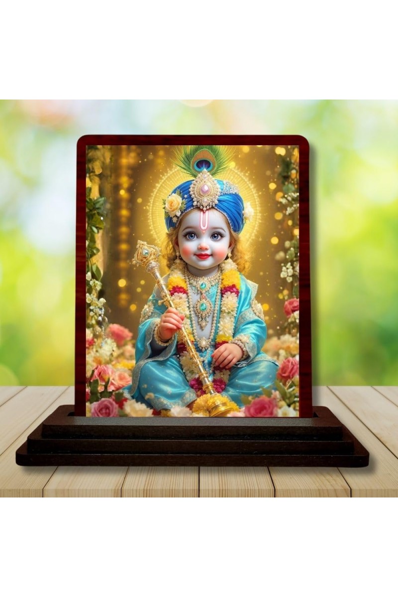 Car Desk/Table Top Lord Little Krishna Wooden Photo Stand 3x4 Inches, Compact & Stylish Spiritual Display For Car, Home & Office (Pack Of 1) (F14232)