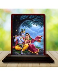 Car Desk/Table Top Radha Krishna Wooden Photo Stand 3x4 Inches, Compact & Stylish Spiritual Display For Car, Home & Office (Pack Of 1) (F14273)