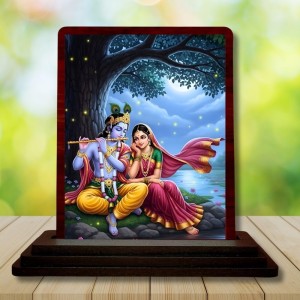 Car Desk/Table Top Radha Krishna Wooden Photo Stand 3x4 Inches, Compact & Stylish Spiritual Display For Car, Home & Office (Pack Of 1) (F14273)
