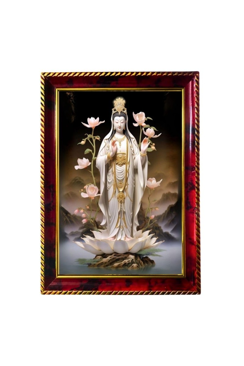 Kwan Yin Photo Frame For Wall & Table | 7x9 Inch Golden Cherry Finish | Decorative Kwan Yin Photo Frame For Home, Office & Pooja Room (F11851)