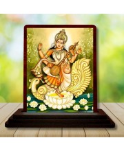 Car Desk/Table Top Goddess Saraswathi Wooden Photo Stand 3x4 Inches, Compact & Stylish Spiritual Display For Car, Home & Office (Pack Of 1) (F14275)