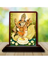 Car Desk/Table Top Goddess Saraswathi Wooden Photo Stand 3x4 Inches, Compact & Stylish Spiritual Display For Car, Home & Office (Pack Of 1) (F14275)