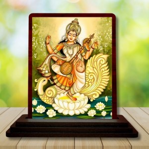 Car Desk/Table Top Goddess Saraswathi Wooden Photo Stand 3x4 Inches, Compact & Stylish Spiritual Display For Car, Home & Office (Pack Of 1) (F14275)