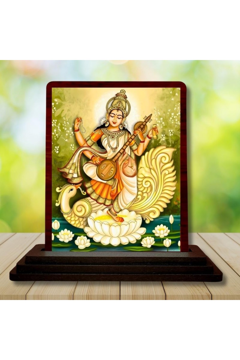 Car Desk/Table Top Goddess Saraswathi Wooden Photo Stand 3x4 Inches, Compact & Stylish Spiritual Display For Car, Home & Office (Pack Of 1) (F14275)