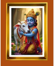 Divine Baby Krishna Golden Photo Frame - 10x14 Inches | Elegant Wooden Frame For Home, Office & Temple Decoration | Spiritual Wall & Table Decor and Gift Item