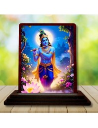 Car Desk/Table Top Lord Krishna Wooden Photo Stand 3x4 Inches, Compact & Stylish Spiritual Display For Car, Home & Office (Pack Of 1) (F14291)