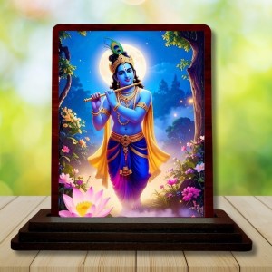Car Desk/Table Top Lord Krishna Wooden Photo Stand 3x4 Inches, Compact & Stylish Spiritual Display For Car, Home & Office (Pack Of 1) (F14291)