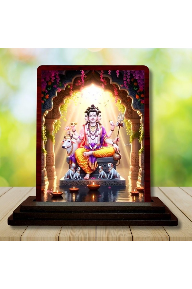 Car Desk/Table Top Lord Dattatreya Wooden Photo Stand 3x4 Inches, Compact & Stylish Spiritual Display For Car, Home & Office (Pack Of 1) (F14338)