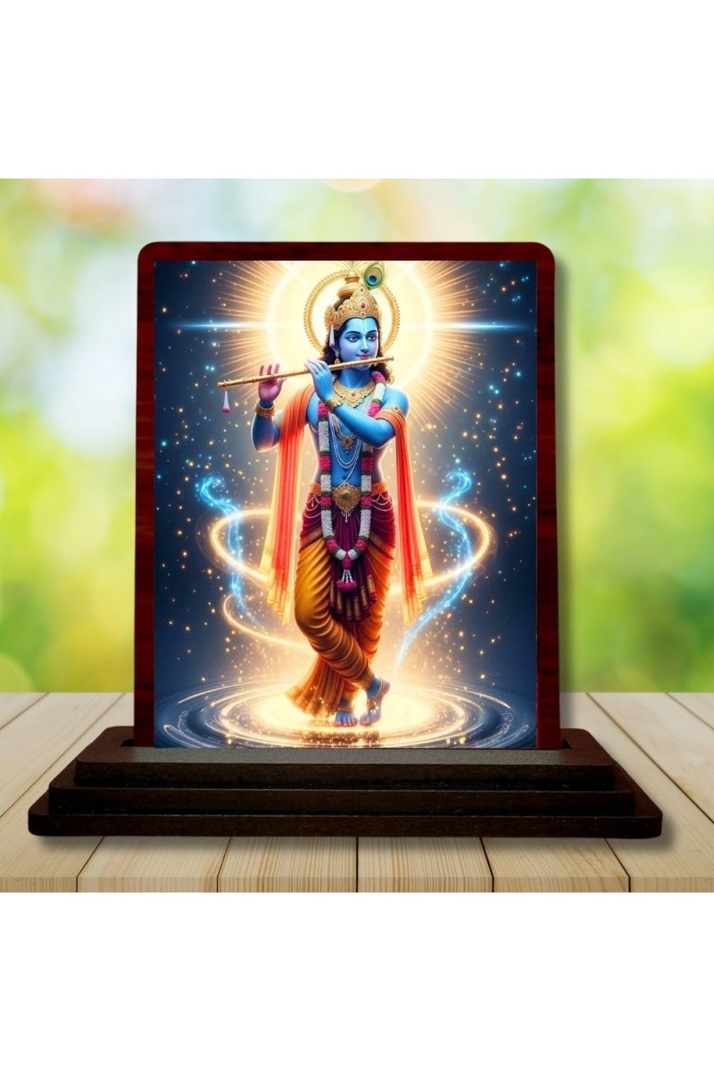 Car Desk/Table Top Lord Krishna Wooden Photo Stand 3x4 Inches, Compact & Stylish Spiritual Display For Car, Home & Office (Pack Of 1) (F14350)