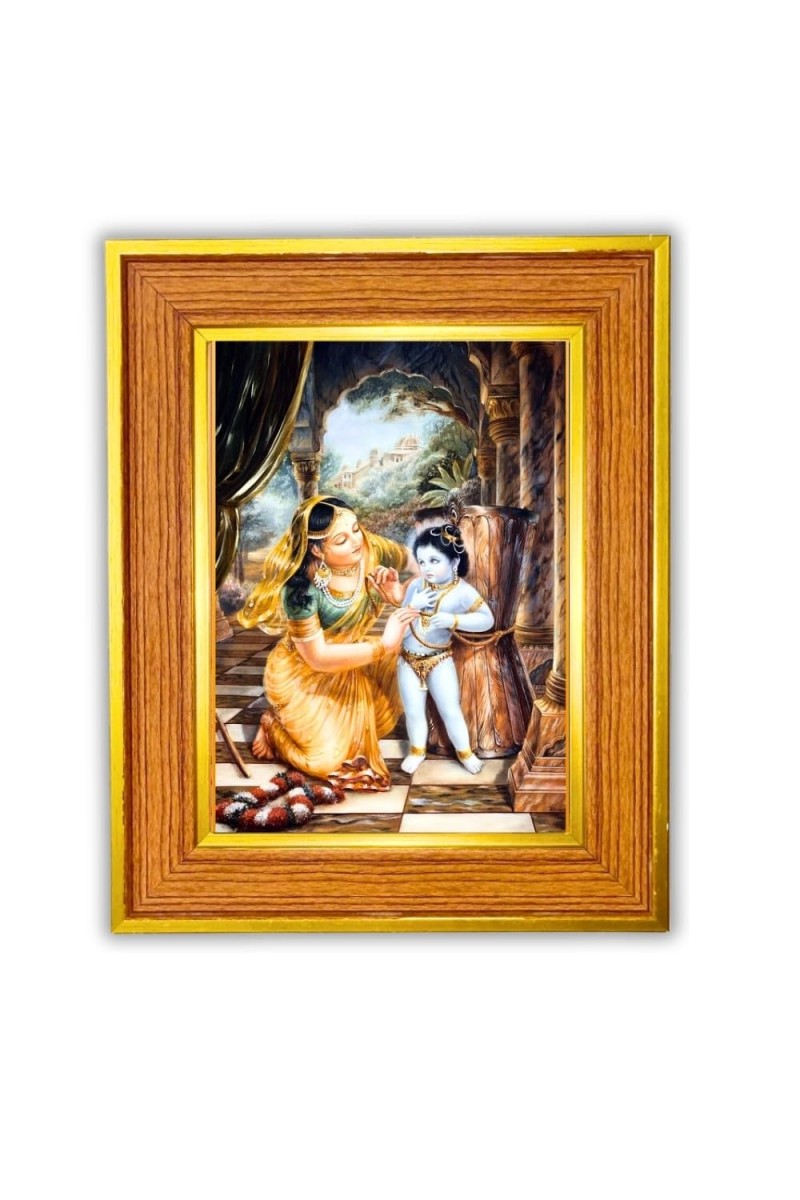 Yashoda And Baby Lord Krishna Photo Frame 12x16 Inches-Brown Wooden Frame For Home, Office & Temple Decoration And Gifting (F6475)