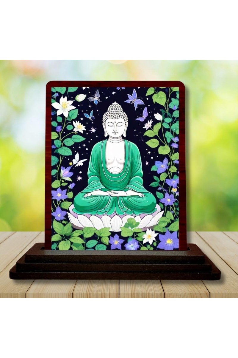 Car Desk/Table Top Lord Buddha Wooden Photo Stand 3x4 Inches, Compact & Stylish Spiritual Display For Car, Home & Office (Pack Of 1) (F14484)