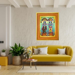 Lord Vishnu And Goddess Lakshmi Photo Frame 16x20 Inches-Brown Wooden Frame For Home, Office & Temple Decoration And Gifting (F6488)