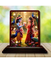 Car Desk/Table Top Radha Krishna Wooden Photo Stand 3x4 Inches, Compact & Stylish Spiritual Display For Car, Home & Office (Pack Of 1) (F14369)
