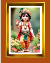 Divine Krishna Golden Photo Frame - 10x14 Inches | Elegant Wooden Frame For Home, Office & Temple Decoration | Spiritual Wall & Table Decor And Gift Item (F9816)
