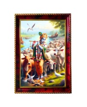 Lord Krishna Playing Flute With Cows Photo Frame For Wall & Table | 7x9 Inch Golden Cherry Finish | Decorative Lord Krishna Playing Flute With Cows Photo Frame For Home, Office & Pooja Room (F11368)