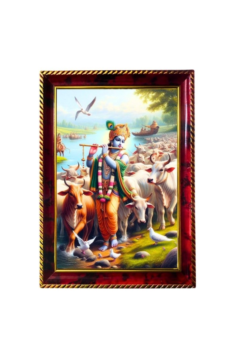 Lord Krishna Playing Flute With Cows Photo Frame For Wall & Table | 7x9 Inch Golden Cherry Finish | Decorative Lord Krishna Playing Flute With Cows Photo Frame For Home, Office & Pooja Room (F11368)