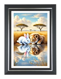 Lion Cub And A Rabbit Photo Wall & Table Frame | 16x20 Inch Black Designer | Perfect For Gifting & Home Decor (F9647)