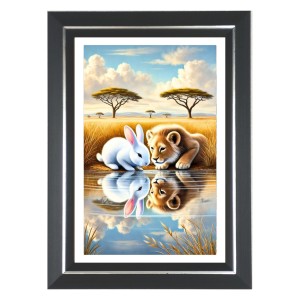 Lion Cub And A Rabbit Photo Wall & Table Frame | 14x18 Inch Black Designer | Perfect For Gifting & Home Decor (F9647)