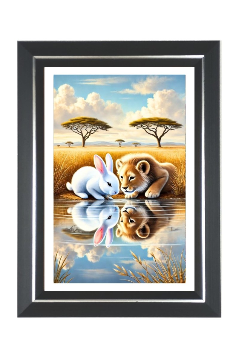 Lion Cub And A Rabbit Photo Wall & Table Frame | 10x14 Inch Black Designer | Perfect For Gifting & Home Decor (F9647)