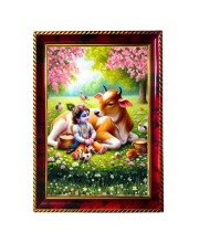 Lord Little Krishna With Cow Photo Frame For Wall & Table | 7x9 Inch Golden Cherry Finish | Decorative Lord Little Krishna With Cow Photo Frame For Home, Office & Pooja Room (F11429)