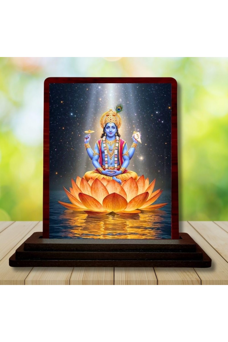 Car Desk/Table Top Lord Vishnu Wooden Photo Stand 3x4 Inches, Compact & Stylish Spiritual Display For Car, Home & Office (Pack Of 1) (F14371)
