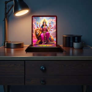 Car Desk/Table Top Goddess Durga Wooden Photo Stand 3x4 Inches, Compact & Stylish Spiritual Display For Car, Home & Office (Pack Of 1) (F14346)