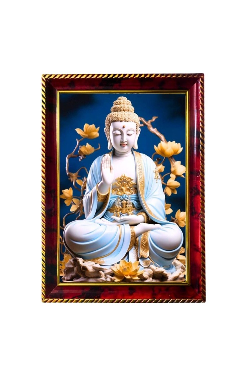 Serene Buddha Photo Frame For Wall & Table | 7x9 Inch Golden Cherry Finish | Decorative Serene Buddha Photo Frame For Home, Office & Pooja Room (F11855)