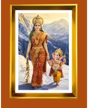 Devi Parvati & Lord Ganesh Golden Photo Frame - 10x14 Inches | Elegant Wooden Frame For Home, Office & Temple Decoration | Spiritual Wall & Table Decor and Gift Item
