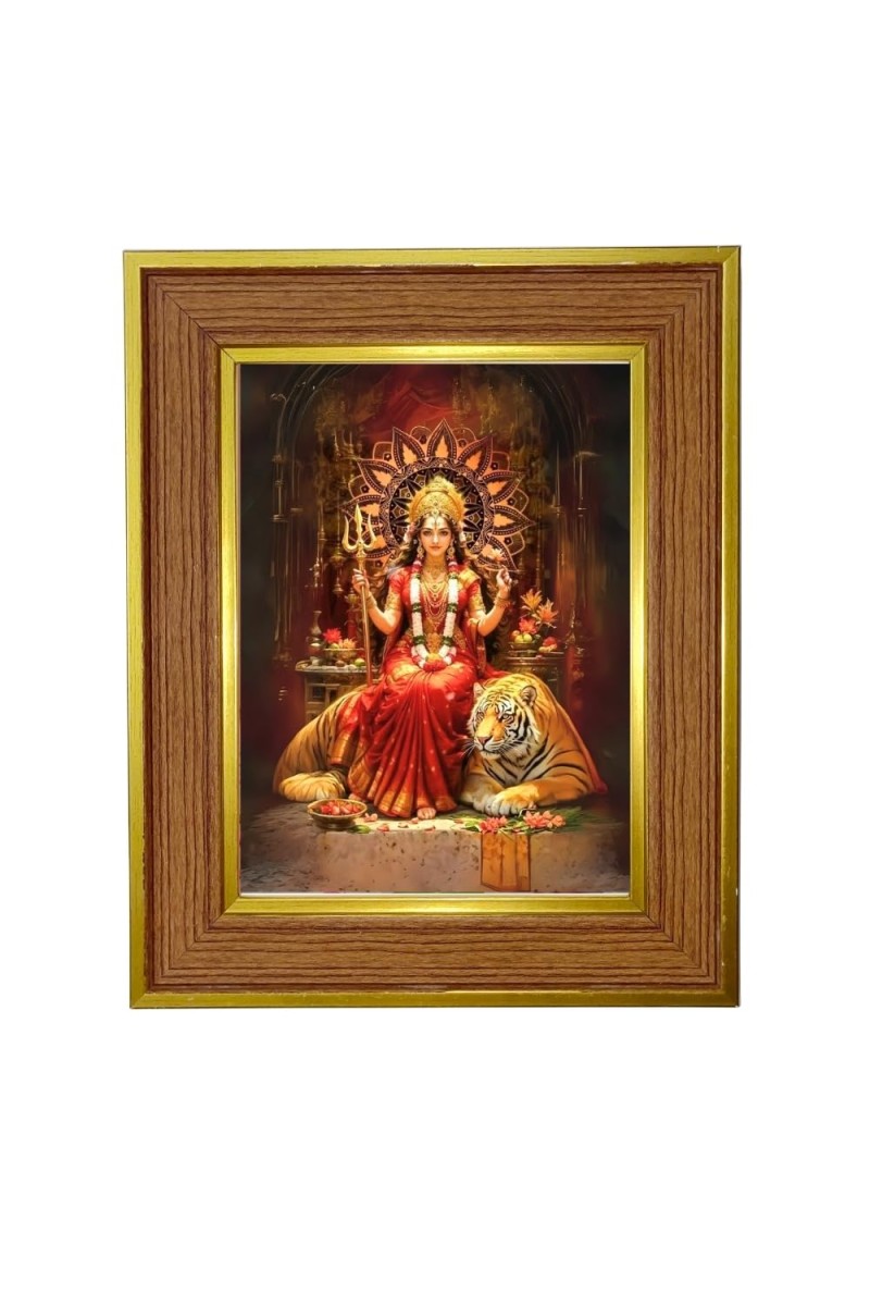 Godess Durga Photo Frame 10x14 Inches-Brown Wooden Frame For Home, Office & Temple Decoration And Gifting (F6260)