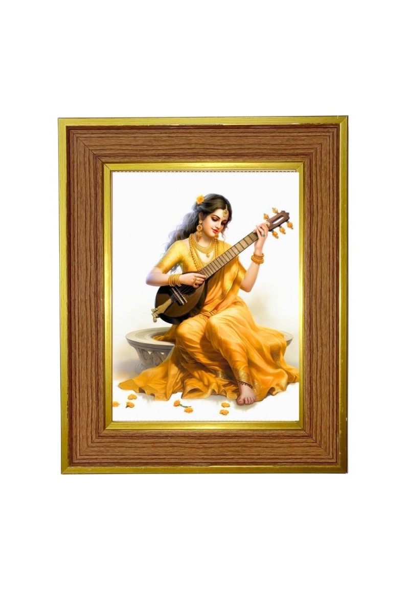 Goddess Saraswati, Photo Frame 10x14 Inches-Brown Wooden Frame For Home, Office & Temple Decoration And Gifting (F6419)