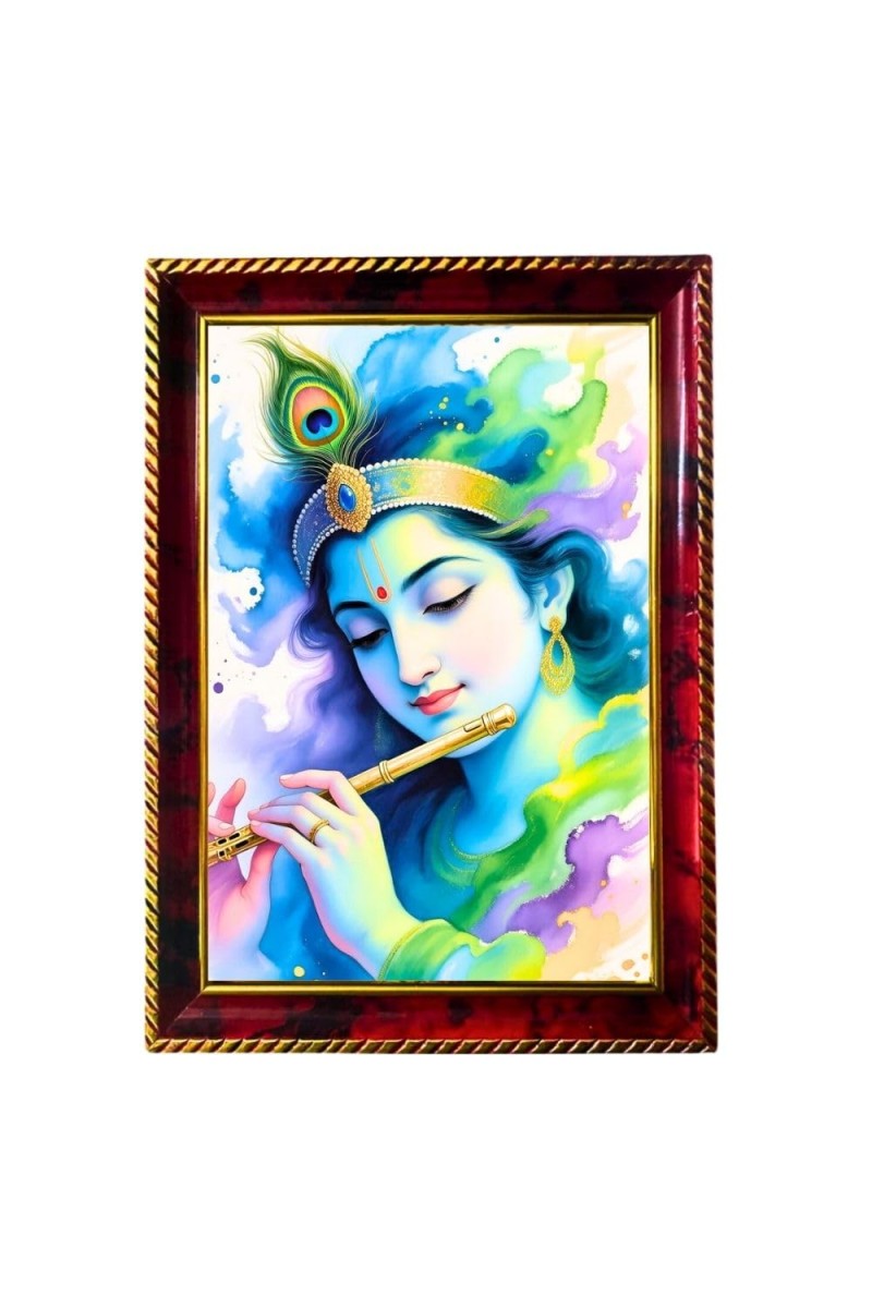 Lord Krishna Photo Frame For Wall & Table | 7x9 Inch Golden Cherry Finish | Decorative Lord Krishna Photo Frame For Home, Office & Pooja Room (F11757)