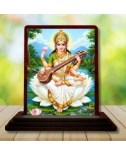 Car Desk/Table Top Goddess Saraswathi Wooden Photo Stand 3x4 Inches, Compact & Stylish Spiritual Display For Car, Home & Office (Pack Of 1) (F14648)