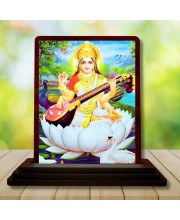 Car Desk/Table Top Maa Sarswati Wooden Photo Stand â€“ 3x4 Inches, Compact & Stylish Spiritual Display For Car, Home & Office (Pack Of 1) (F15055)
