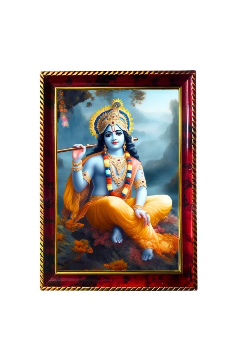 Lord Krishna Photo Frame For Wall & Table | 7x9 Inch Golden Cherry Finish | Decorative Lord Krishna Photo Frame For Home, Office & Pooja Room (F11466)