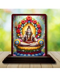 Car Desk/Table Top Lord Shiva Wooden Photo Stand 3x4 Inches, Compact & Stylish Spiritual Display For Car, Home & Office (Pack Of 1) (F14269)