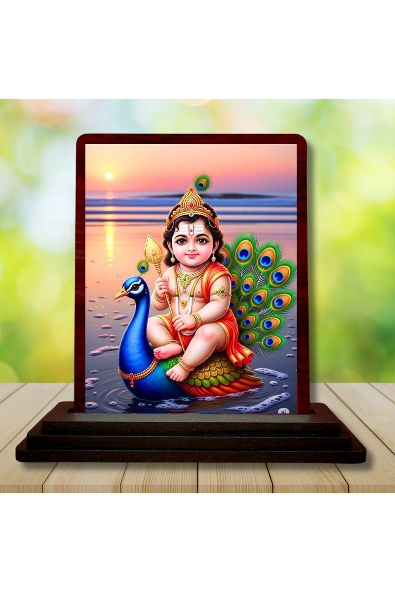 Car Desk/Table Top Lord Murugan Wooden Photo Stand 3x4 Inches, Compact & Stylish Spiritual Display For Car, Home & Office (Pack Of 1) (F14525)