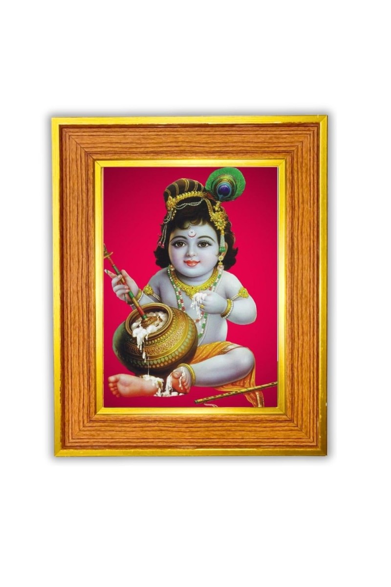 Bal Krishna Photo Frame 10x14 Inches-Brown Wooden Frame For Home, Office & Temple Decoration And Gifting (F6434)