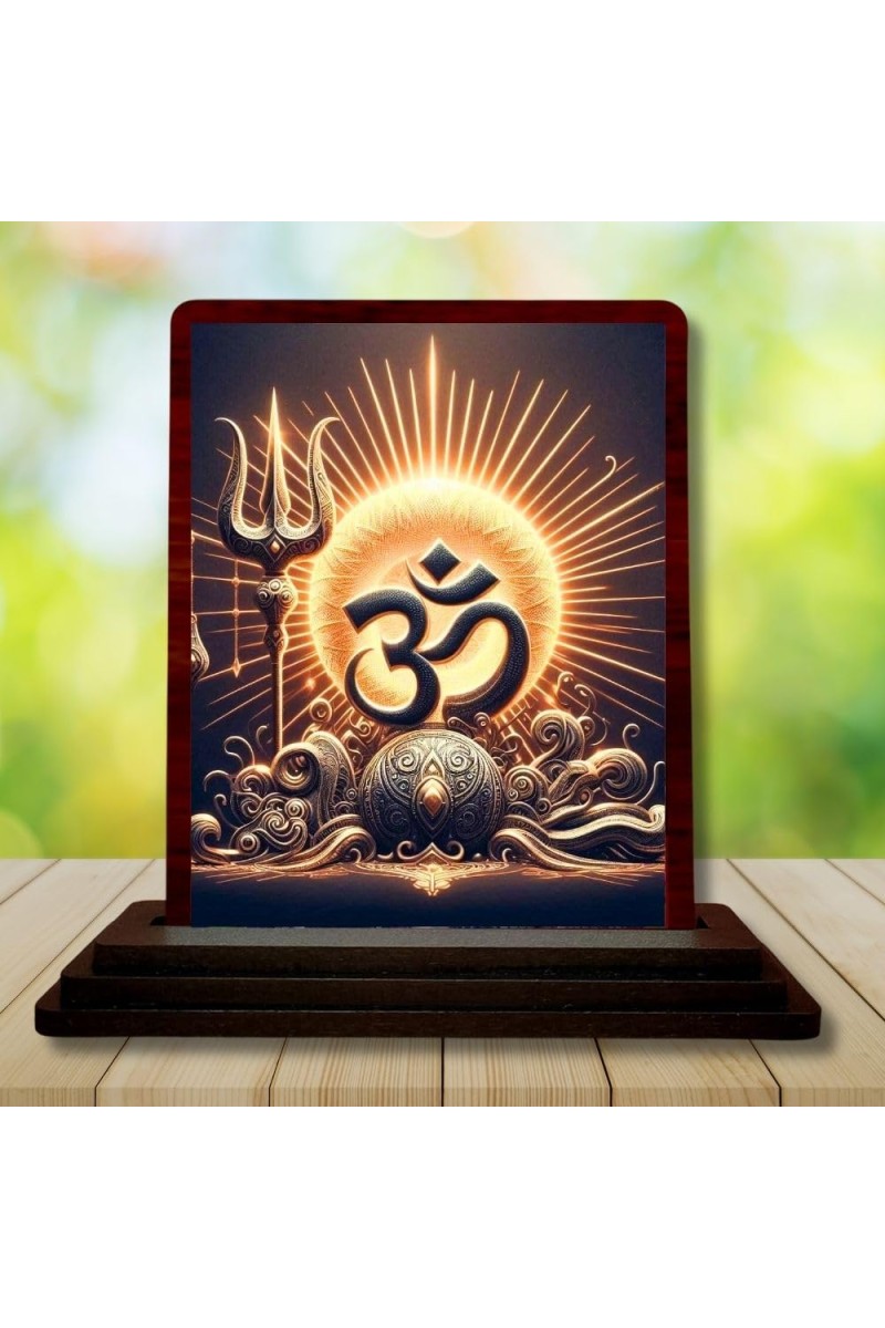 Car Desk/Table Top Om Symbol Wooden Photo Stand 3x4 Inches, Compact & Stylish Spiritual Display For Car, Home & Office (Pack Of 1) (F14449)