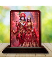 Car Desk/Table Top Radha Krishna Wooden Photo Stand 3x4 Inches, Compact & Stylish Spiritual Display For Car, Home & Office (Pack Of 1) (F14360)