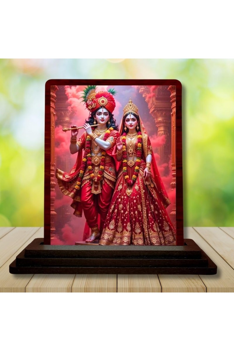 Car Desk/Table Top Radha Krishna Wooden Photo Stand 3x4 Inches, Compact & Stylish Spiritual Display For Car, Home & Office (Pack Of 1) (F14360)