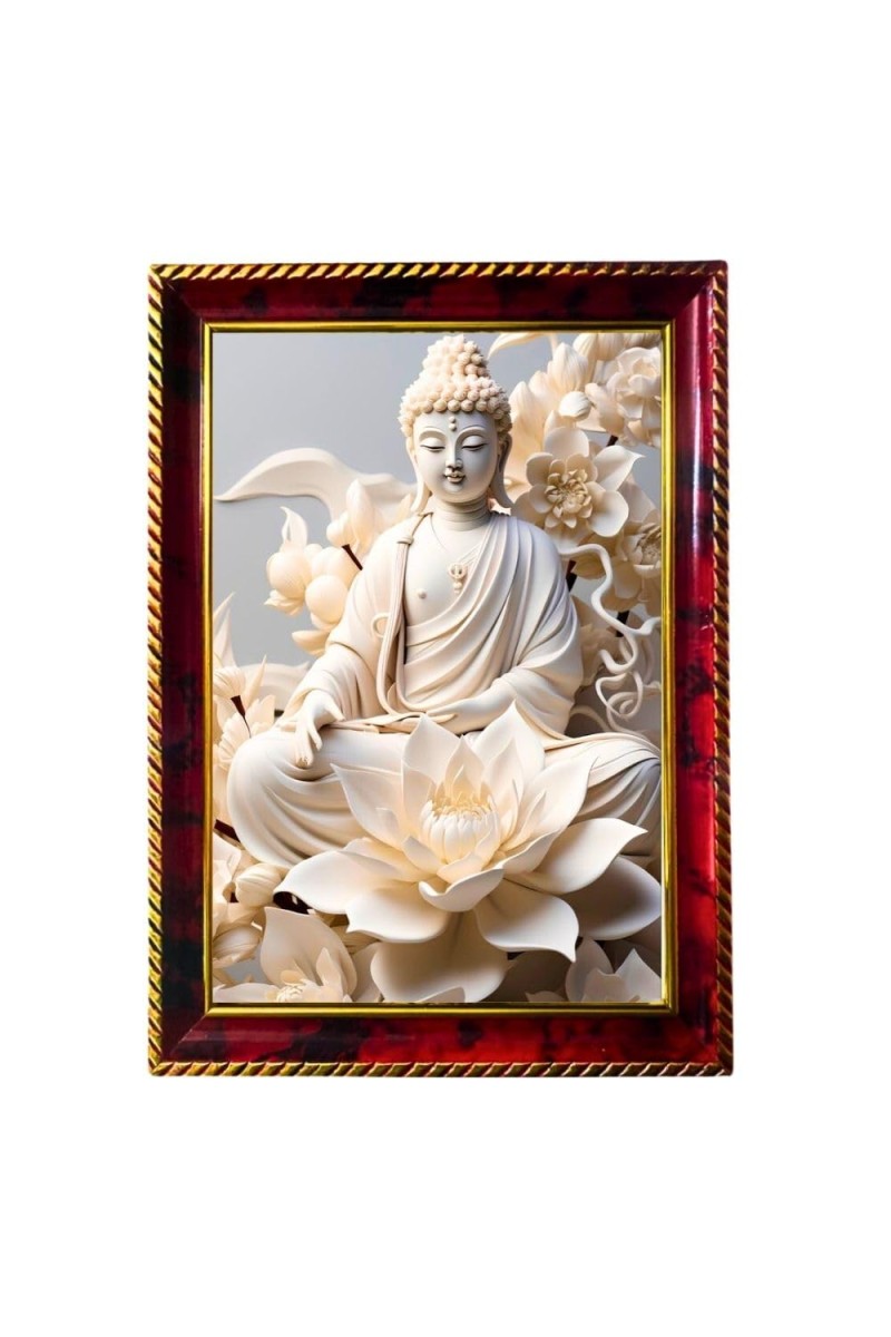 Serene Buddha Photo Frame For Wall & Table | 7x9 Inch Golden Cherry Finish | Decorative Serene Buddha Photo Frame For Home, Office & Pooja Room (F11849)