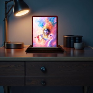 Car Desk/Table Top Lord Krishna Wooden Photo Stand 3x4 Inches, Compact & Stylish Spiritual Display For Car, Home & Office (Pack Of 1) (F14625)