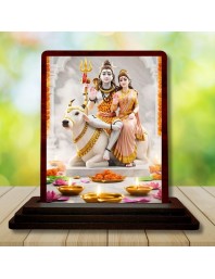 Car Desk/Table Top Lord Shiva And Parvathi Wooden Photo Stand 3x4 Inches, Compact & Stylish Spiritual Display For Car, Home & Office (Pack Of 1) (F14328)