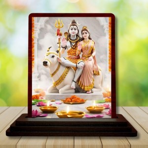 Car Desk/Table Top Lord Shiva And Parvathi Wooden Photo Stand 3x4 Inches, Compact & Stylish Spiritual Display For Car, Home & Office (Pack Of 1) (F14328)
