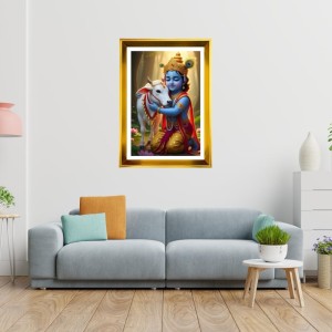Divine Baby Krishna Golden Photo Frame - 10x14 Inches | Elegant Wooden Frame For Home, Office & Temple Decoration | Spiritual Wall & Table Decor And Gift Item (F9530)