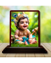 Car Desk/Table Top Little Cute Krishna Wooden Photo Stand 3x4 Inches, Compact & Stylish Spiritual Display For Car, Home & Office (Pack Of 1) (F14450)